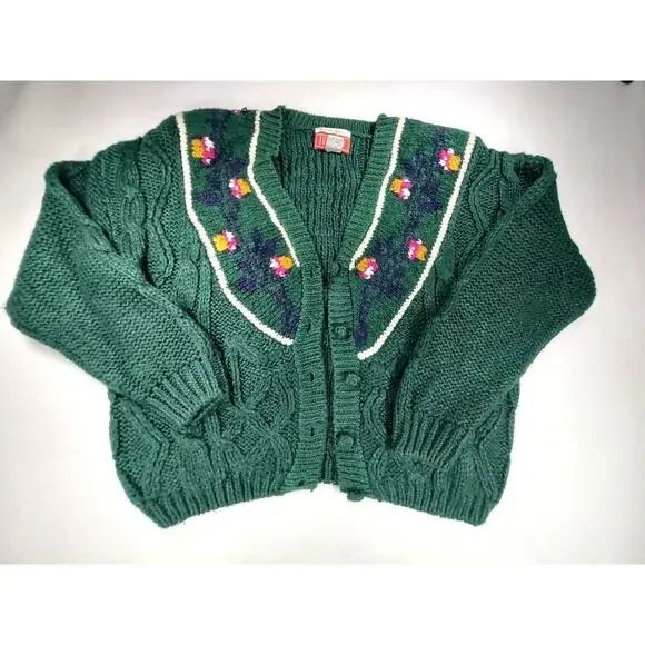 Vintage 90s IVY Handmade Knitted Green Floral Cardigan Sweater Sz L Grannycore - Picture 1 of 6